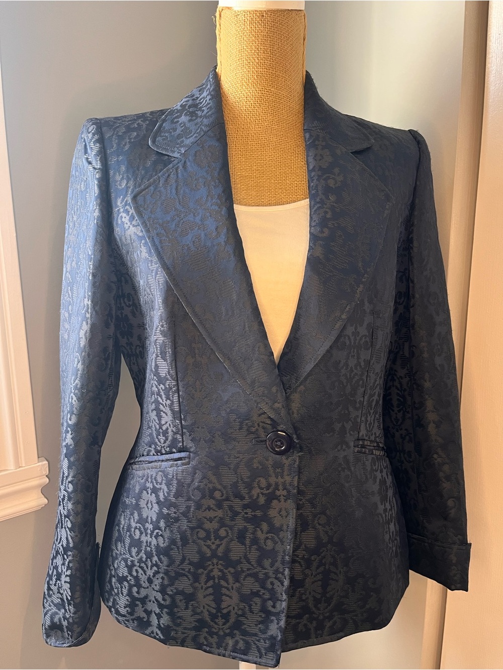 Ellen Tracy Midnight Blue Jacquard Single-Button Blazer- US 6